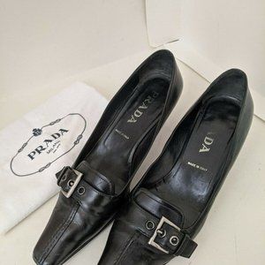 VINTAGE PRADA Women's Shoes Black Leather Buckle Low Heel Authentic Size 38 EU
